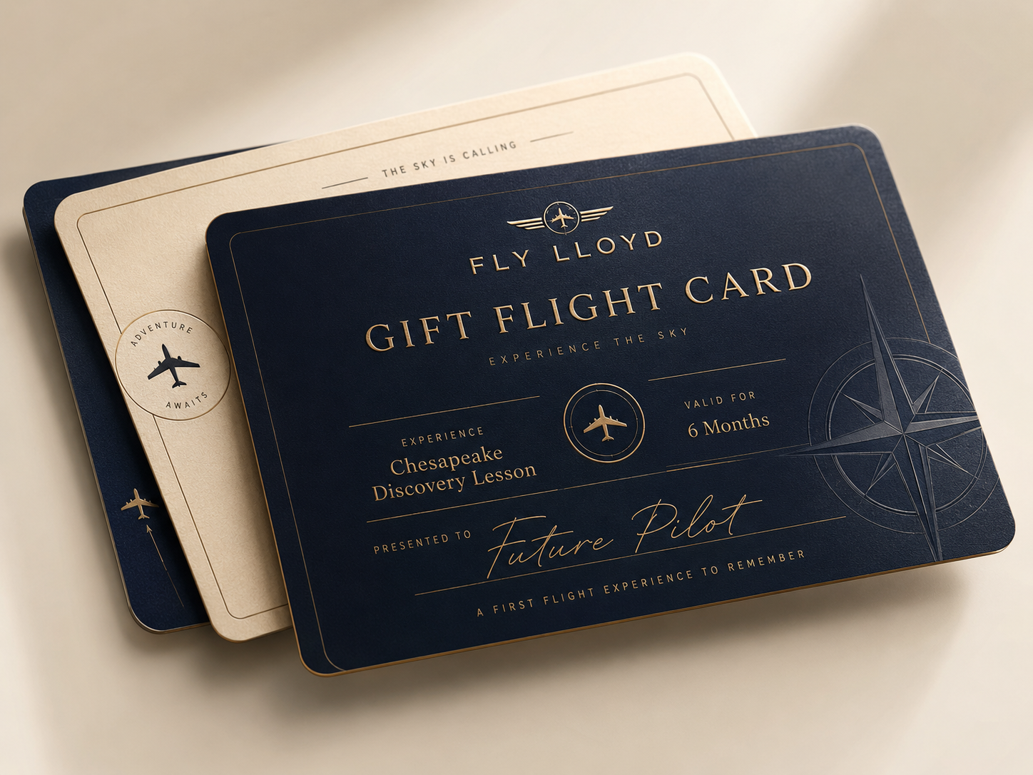 Fly Lloyd premium gift flight card, navy with brass detailing