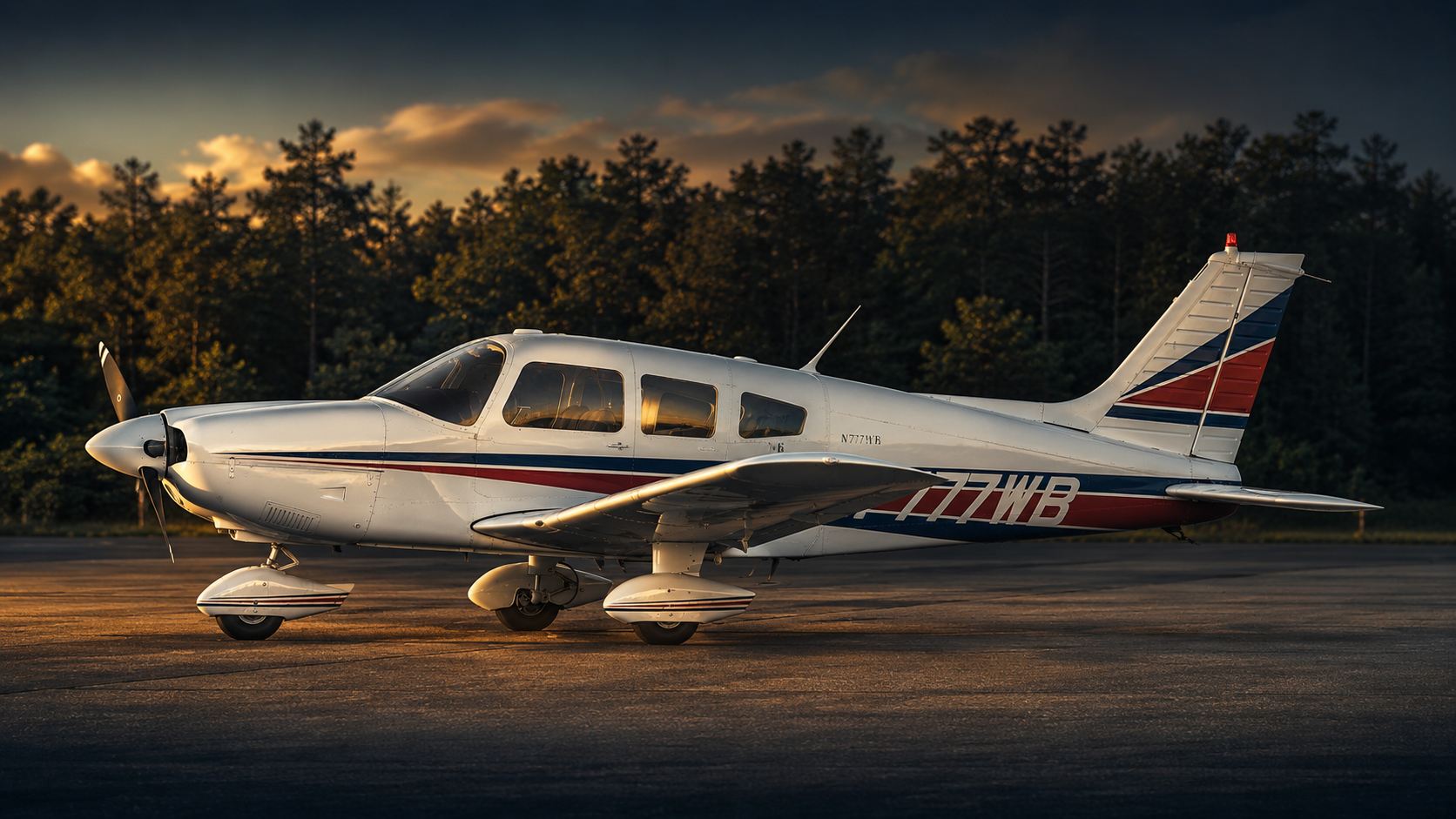 Piper Cherokee 180 parked on the ramp at golden hour