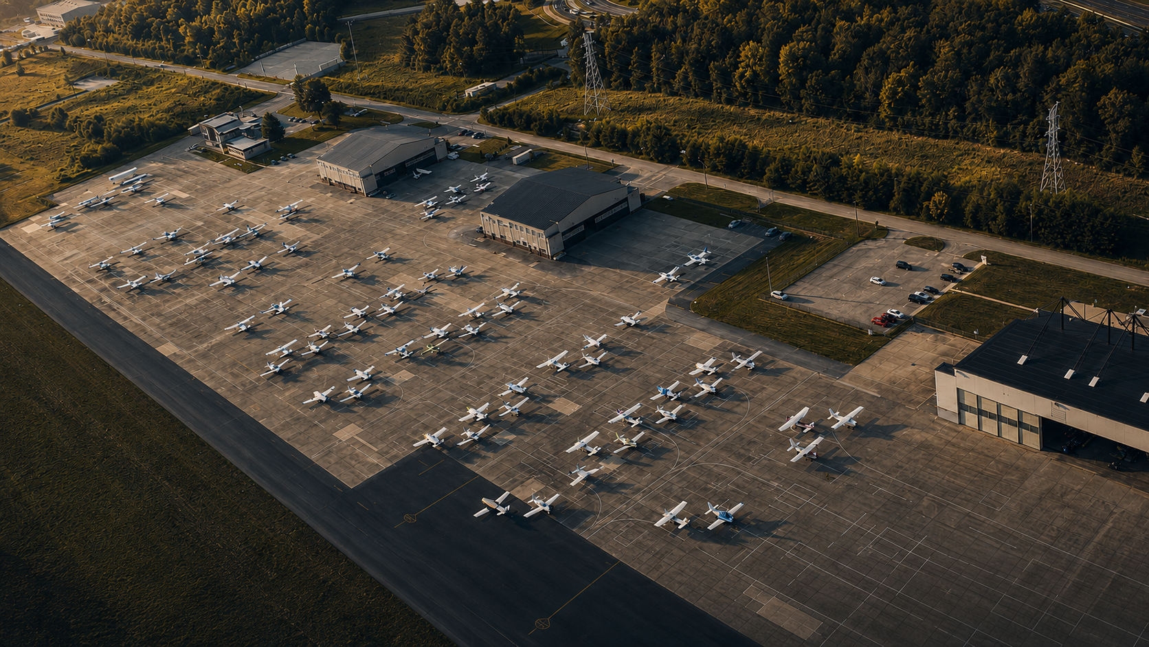 Aerial view of Fort Meade Executive Airport ramp and hangars